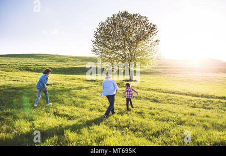 Ein kleines Mädchen mit ihrem älteren Großeltern spielen im Freien in der Natur. Stockfoto