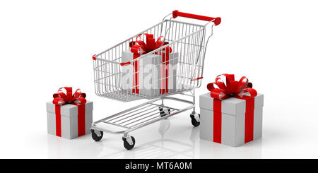 Christmas Shopping. Geschenkboxen weiß mit roten Bändern und Warenkorb auf weißem Hintergrund. 3D-Darstellung Stockfoto