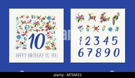 Happy Birthday Card Template mit bunten Blumen und Tiere in otomi Art Stil. Jahrestag Nummer für besondere Feier. EPS 10 Vektor. Stock Vektor