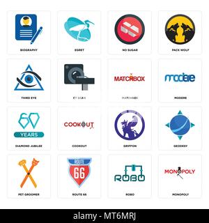 16 Einfache editierbare Symbole wie Monopoly, robo, Route 66, Pet groomer, Geodäsie, Biographie, drittes Auge, diamond Jubilee, streichholzschachtel können verwendet Fo. Stock Vektor