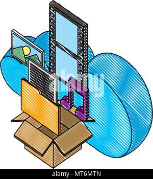 Cloud Storage box Ordner Music Photo social media isometrische Vector Illustration Zeichnung Stock Vektor