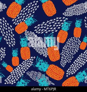 Ananas Obst nahtlose Muster, Sommer essen Hintergrund in Fun leuchtende Farben mit Hand gezeichnet doodle Dekoration. EPS 10 Vektor. Stock Vektor
