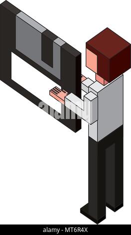 Rückansicht Geschäftsmann mit Diskette in Händen isometrische Vector Illustration Stock Vektor