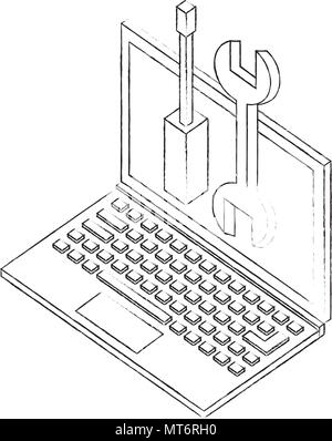 Laptop mit Support Tools Technologie isometrische Vektor-illustration Skizze Stock Vektor