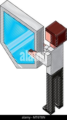 Rückansicht Mann mit Schirm Schutz siometric Vector Illustration Zeichnung Stock Vektor