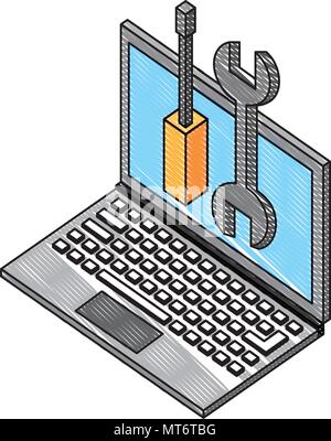 Laptop mit Support Tools Technologie isometrische Vector Illustration Zeichnung Stock Vektor