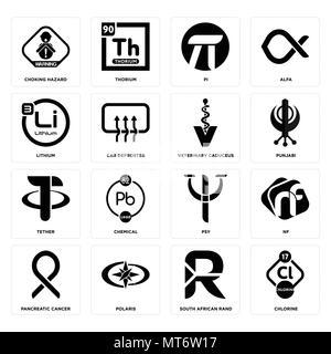 16 Einfache editierbare Symbole wie Chlor, South African Rand, Polaris, Bauchspeicheldrüsenkrebs, NF, Erstickungsgefahr, Lithium, Halteband, Veterinär cadu Stock Vektor