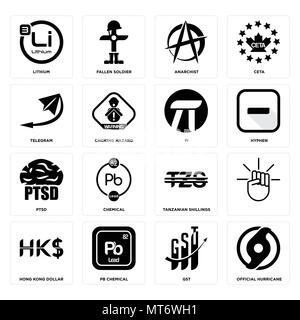 16 Einfache editierbare Ikonen wie offizielle Hurricane, gst, pb Chemische, Hong Kong Dollar,, Lithium, Telegramm, Ptsd, Pi kann für mobile verwendet werden, Stock Vektor