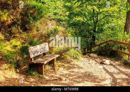 Dappled Sonnenschein über einer rauen Holzbank zwischen einem überwucherten Erde bank und einem felsigen Schmutz weg der Reisende für eine Weile zu Sitzen einladen Stockfoto