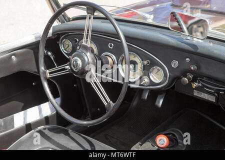Classic Car Interior, Lenkrad, Armaturenbrett Austin Healey 3000, Vintage Style, 50er Jahre 60er Jahre 70er Jahre, Stockfoto