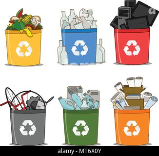 Bunte Papierkorb organische, Glas, e-Schrott, Papier, Kunststoff und Metall Recycling Konzept Stock Vektor