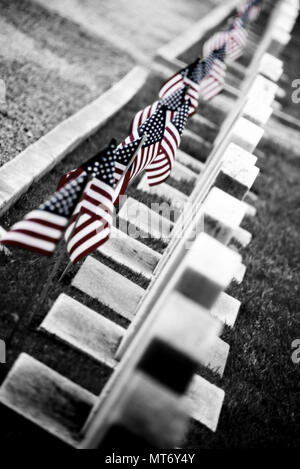 DLIFLC Kommandanten, Oberst Phil Deppert und Garnison Kommandeur, Oberst Lawrence Brown, zusammen mit einigen Freiwilligen kam zu dem Presidio von Monterey Friedhof amerikanische Fahnen an jedem der Grabsteine zu Ehren des Memorial Day. Die Flags werden auf dem Friedhof in Memorial Day Woche verlassen werden. (U.S. Armee Foto von Amber K. Whittington) Stockfoto