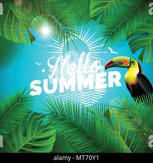 Vector Hallo Sommerurlaub typografische Abbildung mit toucan Vogel und tropischen Pflanzen auf blauem Hintergrund. Design Template mit Green Palm Leaf für Banner, Flyer, Einladung, Broschüre, Poster oder Grußkarte. Stock Vektor