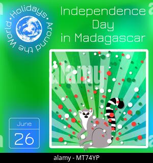 Tag der Unabhängigkeit in Madagaskar. 26. Juni. Die Strahlen von unten, Lemur. Gelber Hintergrund, grunge Textur. Kreise der Flagge Farben. Kalender. Urlaub rund um Stock Vektor