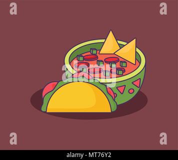Mexikanischen Taco und Nachos mit Sauce Schüssel über braunen Hintergrund, farbenfrohen Design. Vector Illustration Stock Vektor