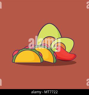 Avocados und mexikanische Tacos über braunen Hintergrund, farbenfrohen Design. Vector Illustration Stock Vektor
