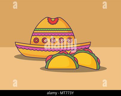 Mexikanische Tacos und Hut über braunen Hintergrund, farbenfrohen Design. Vector Illustration Stock Vektor