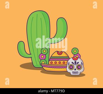 Cactus mit mexikanischer Hut und Sugar Skull auf gelben Hintergrund, farbenfrohen Design. Vector Illustration Stock Vektor