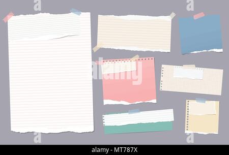 Bunt und weiß gesäumt zerrissen Hinweis, notebook Papier stücke für Text mit Klebeband auf grauem Hintergrund geklebt. Vector Illustration. Stock Vektor
