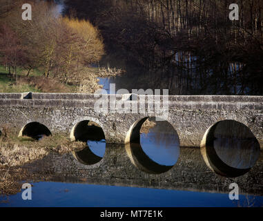 Die Trespuentes Brücke über Fluss Zadorra. Mit dreizehn Rundbögen war es mit Stücken aus Stein und Mörtel gebaut, außer denen, die Steine, die der Bogen tragen. Römischen Ursprungs mit subsequents Restaurationen. Detail. Iruña de Oca, Provinz Alava, Baskenland, Spanien. Stockfoto