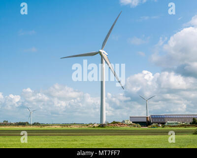 Bauernhof mit Solarzellen und Wind Generator im Polder in der Nähe von Makkum, Friesland, Niederlande Stockfoto