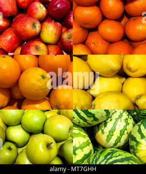 Einstellen von Bildern der verschiedenen Früchte: Äpfel, Mandarinen, Orangen, Zitronen, Wassermelonen Stockfoto