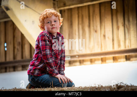 Ein kleiner Junge sitzt auf haybales in einer Scheune. Eine typische Szene der Kindheit auf dem Bauernhof. Stockfoto