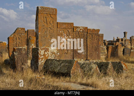 Flechten und Moos - verkrustete khachkars (khatchkars oder cross-Steine) in Noratus (noraduz) Friedhof, Noratus (noraduz), Armenien Stockfoto