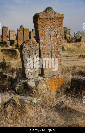 Flechten und Moos - verkrustete khachkars (khatchkars oder cross-Steine) in Noratus (noraduz) Friedhof, Noratus (noraduz), Armenien Stockfoto