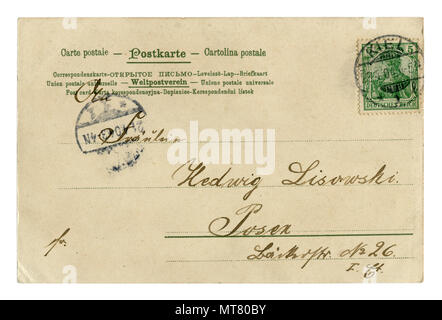 Zurück der historischen deutschen Postkarte (MT 80 B 7) schreiben in schwarzer Tinte geschrieben, mit Poststempel Kiel, grünen Stempel, 1904, Schleswig-Holstein, Deutschland Stockfoto