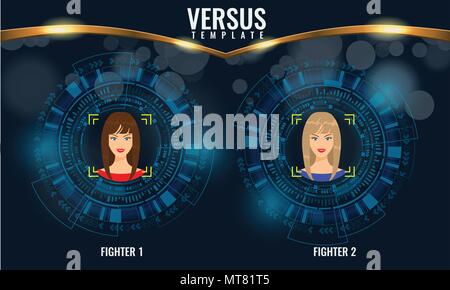 Vektor Versus runde Kreise mit Frau Gesichter und Techno hud Hintergrund. Stock Vektor