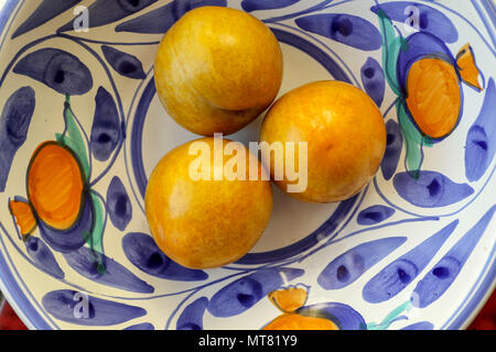 Gelbe Pflaumen in Weiß und Blau Schüssel auf eine rote Fliese Hintergrund Stockfoto