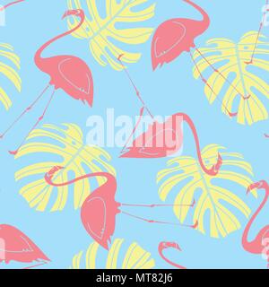 Silhouette Flamingo und monstera Random auf blauem Hintergrund. Nahtlose Muster Hintergrund Design für die Sommersaison im Vector Illustration. Stock Vektor