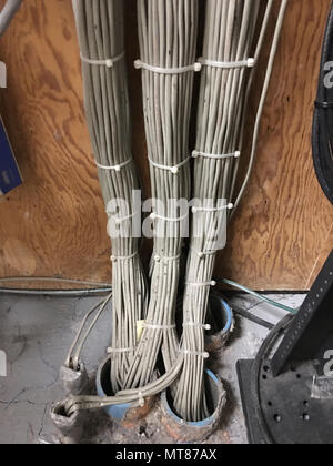 Graue Netzwerkkabel machen Weg für eine Etage Chase alle über das Gebäude verteilt wird Stockfoto