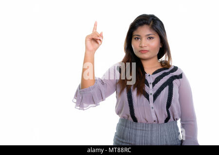 Studio shot junger Fett persischen Geschäftsfrau Zeigefinger u Stockfoto