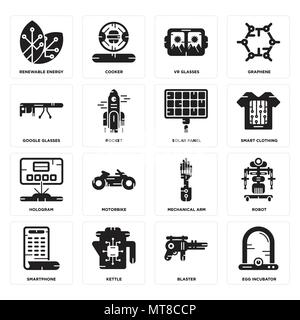 16 Einfache editierbare Symbole wie Egg Incubator, Blaster, Wasserkocher, Smartphone, Roboter, Erneuerbare Energie, Google Gläser, Hologramm, Solar Panel können Stock Vektor