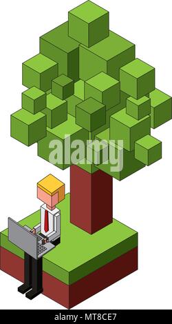 Geschäftsmann mit Laptop in der Nähe einer isometrischen Baum Stock Vektor