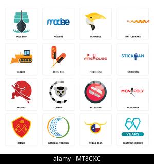 16 Einfache editierbare Symbole wie Diamond Jubilee, Texas Flagge, General Trading, man u, Monopoly, Tall Ship, Planierschild, Wushu, firehouse können verwendet werden Stock Vektor