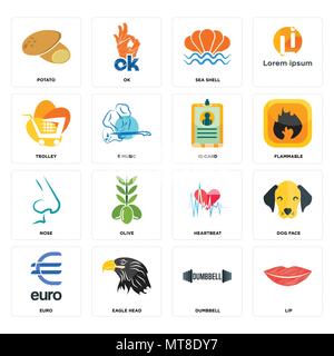 16 Einfache editierbare Ikonen wie Lippe, Hantel, eagle Head, Euro, Hund Face, Kartoffel, Trolley, Nase, ID-Karte für mobile verwendet werden, die Web-UI Stock Vektor