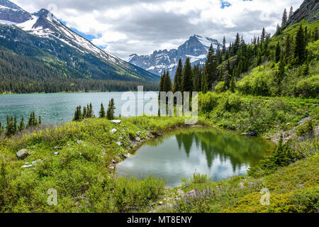 Spring Mountain Teich - Sonnenlicht strahlt durch Frühling Wolken an einem kleinen Teich an der Seite des Lake Josephine in Many Glacier Glacier National Park, USA. Stockfoto