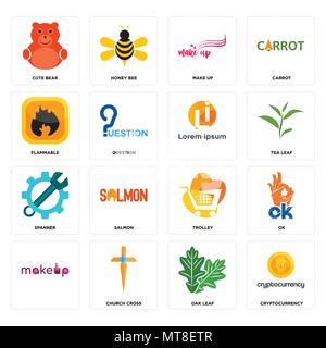 16 Einfache editierbare Ikonen wie cryptocurrency, Eichenlaub, Kirche, Kreuz,, ok, süße Bär, brennbaren, Schlüssel, können für mobile verwendet werden, die Web-UI Stock Vektor