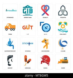 16 Einfache editierbare Ikonen wie Planierschild, Wushu, Mais Hund, Bigfoot, g Kugel, Anwesenheit, Kipper, Gastroenterologie, Linse für mobile verwendet werden, Stock Vektor