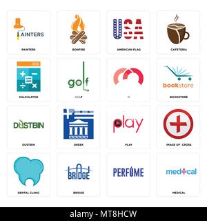 16 Einfache editierbare Ikonen wie Medizin,, Brücke, Zahnklinik, Bild von Kreuz, Maler, Rechner, Mülleimer, m für mobile verwendet werden können, Web Stock Vektor