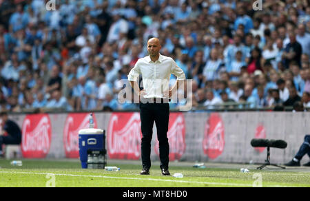 Exeter City Manager Paul Tisdale erscheint während der Sky Bet League Zwei Finale im Wembley Stadion, London niedergeschlagen. Stockfoto