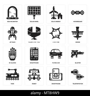 16 Einfache editierbare Ikonen wie Teleportation, Smartphone, Roboter, Tank, Blaster, Egg Incubator, Jet Pack, Wi Handschuhe, Graphen können verwendet werden für Stock Vektor