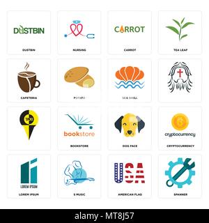 16 Einfache editierbare Ikonen wie Schraubenschlüssel, amerikanische Flagge, s Musik, Lorem ipsum, cryptocurrency, Mülleimer, Cafeteria,, Sea Shell kann verwendet werden für Stock Vektor