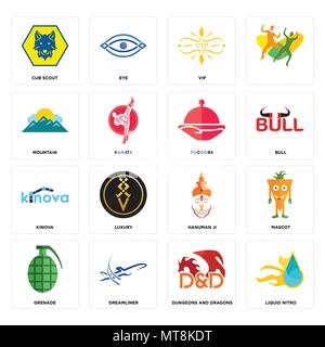 16 Einfache editierbare Symbole wie Liquid Nitro, Kerker und Drachen, dreamliner, Granate, Maskottchen, cub Scout, Berg, kinova, foodora kann u Stock Vektor