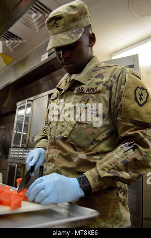 Pvt. Traye Bennett, ein kulinarisches Specialist 2 Bataillon zugeordnet, 35th Infantry Regiment, 3. Brigade Combat Team, 25 Infanterie Division, Schichten eine Wassermelone für Morgen das Frühstück im Speisesaal an der 298th Regiment, dokumentenportal Training (MFTU), Regional Training Institute (RTI), Kailua, Hawaii, am 15. Mai 2018. Kulinarische Spezialisten mit den 25 ID machen Chow für USA und Singapur Armee für Tiger Balm 18. (U.S. Armee Foto: Staff Sgt. Armando R. Limon, 3. Brigade Combat Team, 25 Infanterie Division). Stockfoto