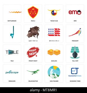 16 Einfache editierbare Ikonen wie wirtschaftlichen Zeiten, Hundetrainer, velociraptor, Periskop, Tall Ship, Klapperschlange,, Tele, American Flag verwenden können. Stock Vektor
