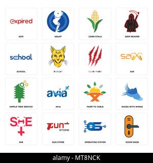 16 Einfache editierbare Ikonen wie Türgriff, Betriebssystem, gun Store, Sie, Schuhe mit Flügeln, expi, Schule, Baum, kralle Mark werden uns kann Stock Vektor